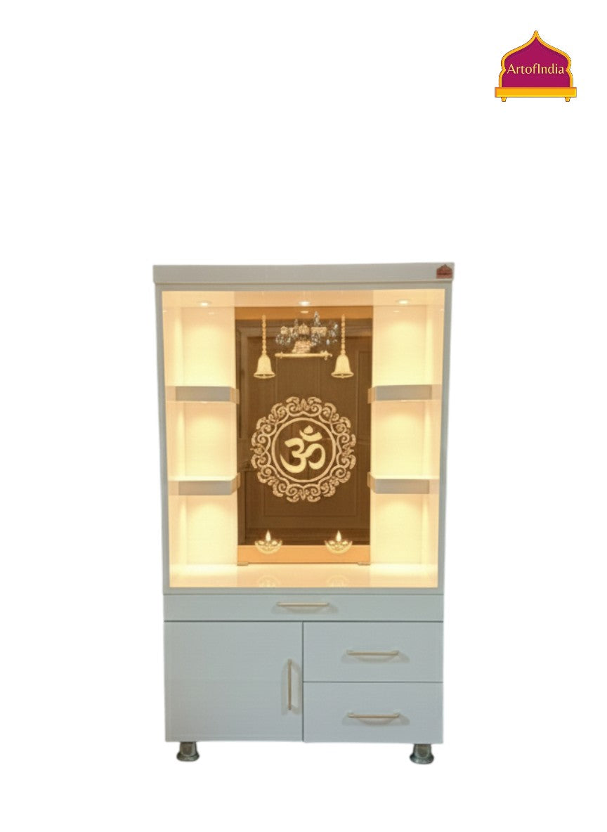 ARTOFINDIA White Wooden Pooja Mandir With Om Design Glass  and Drawers Included Tray