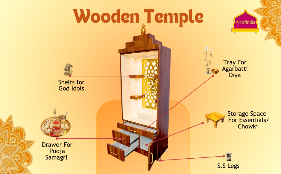 ARTOFINDIA Brown & White Wooden Pooja Mandir for Home/Temple for Home and Office/Pooja Mandir with Om LED Warm White Light & 4 shelfs