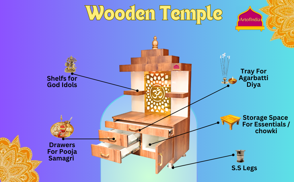 ARTOFINDIA Designer Wooden Temple, Wooden Mandir for Home, Floor Mounted Mandir with Lights