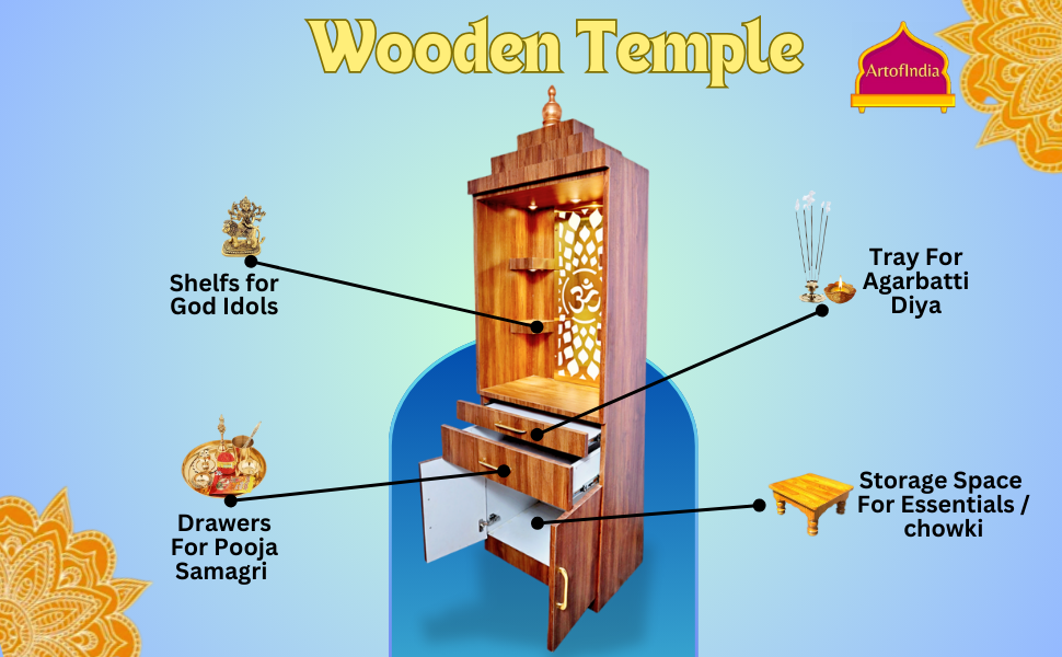 ARTOFINDIA Brown Wooden Pooja Mandir for Home/Temple for Office/Pooja Mandir with Om Golden Jali LED Warm White Light & 4 shelfs