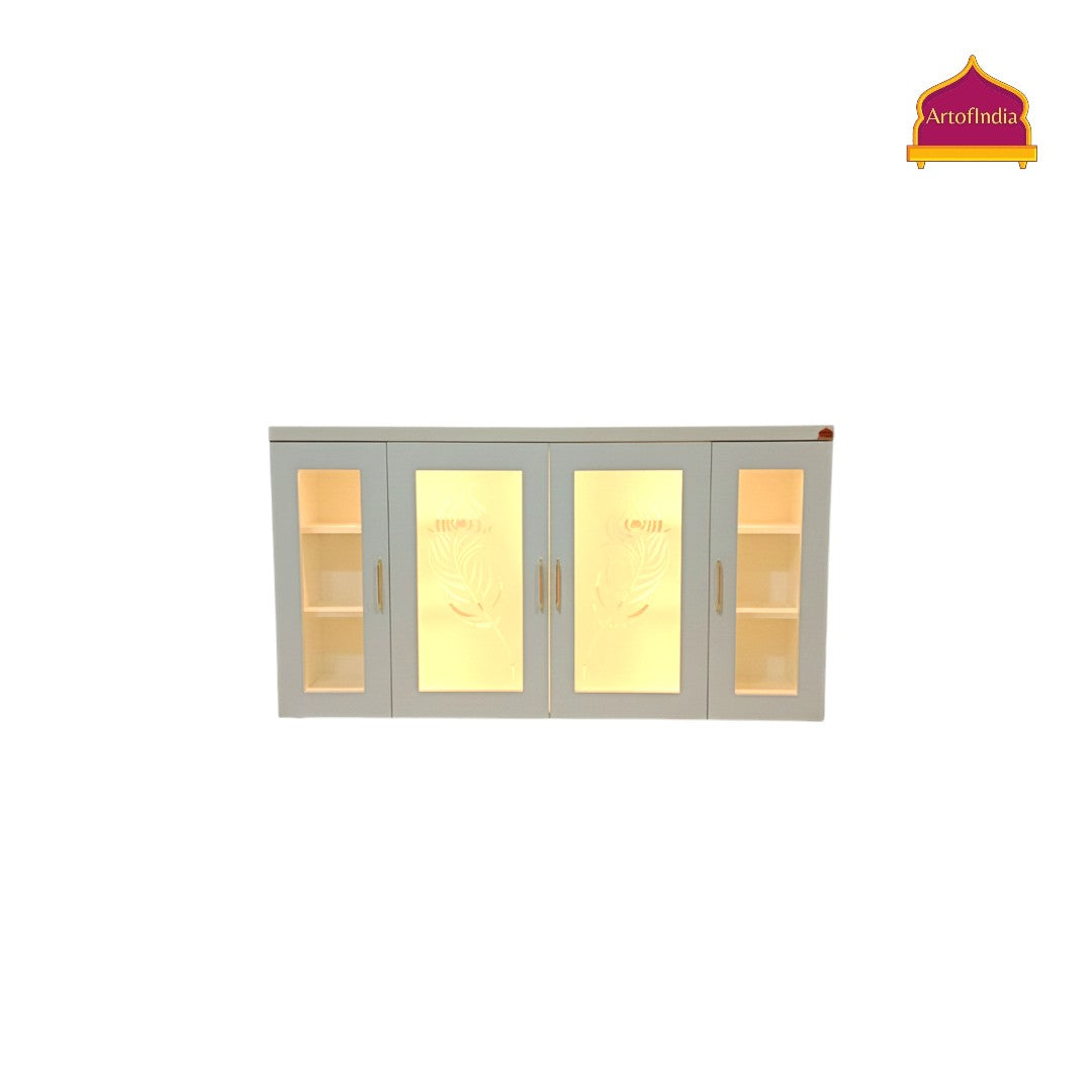 ARTOFINDIA White Wooden Pooja Mandir With Mor Pankh  Design Glass  and Drawers Included Tray