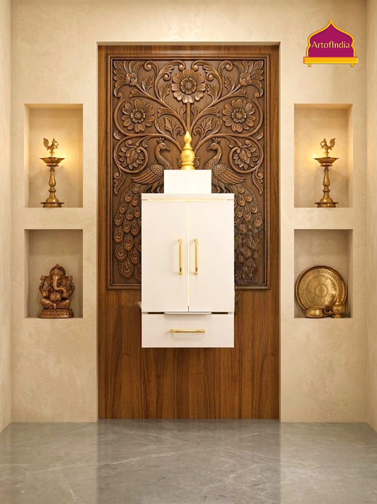 ARTOFINDIA Beautiful White Designer Wooden Mandir With  Doors  For Home/ Designer Temple