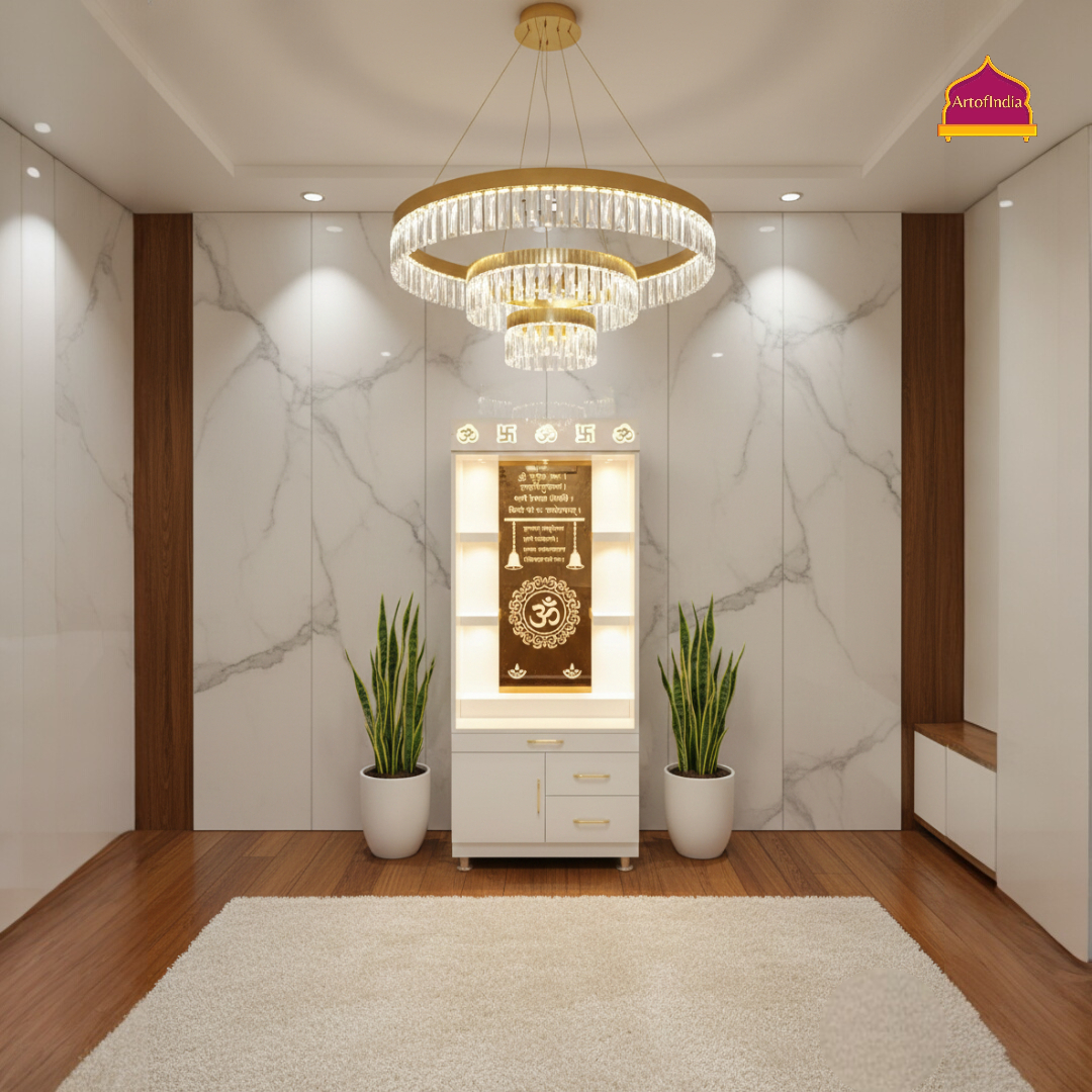 ARTOFINDIA White Wooden Pooja Mandir With Om Design Glass With  Drawers Included Tray