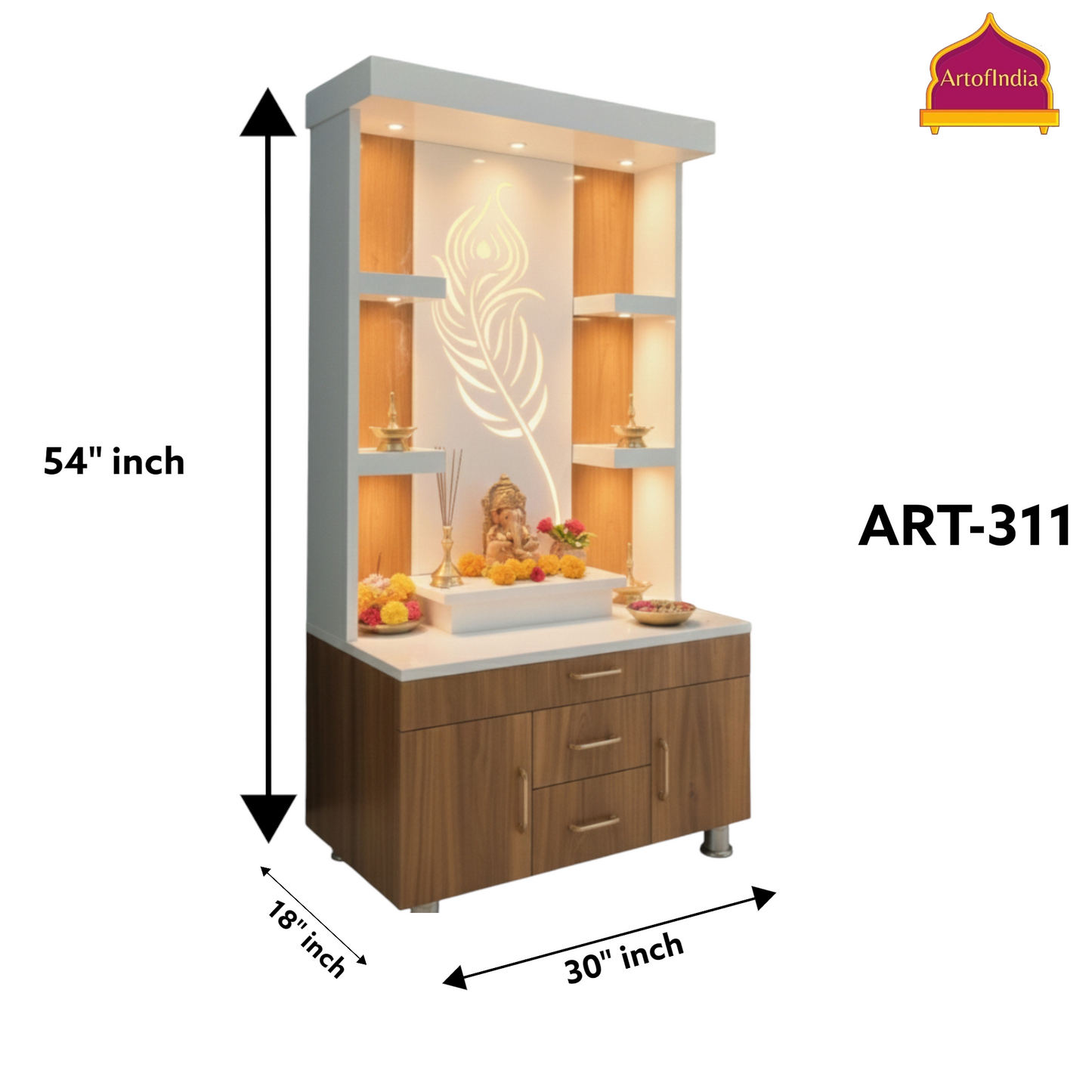 ARTOFINDIA White Wooden Pooja Mandir With Mor Pankh  Design Glass  and Drawers Included Tray