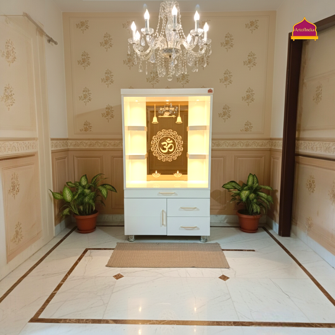 ARTOFINDIA White Wooden Pooja Mandir With Om Design Glass  and Drawers Included Tray