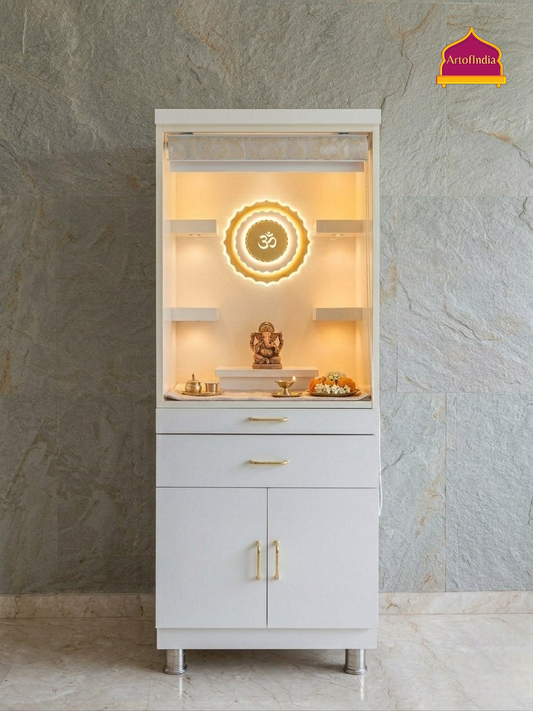 ARTOFINDIA White Wooden Pooja Mandir With Om Gola With Blind  And Drawers Included Tray