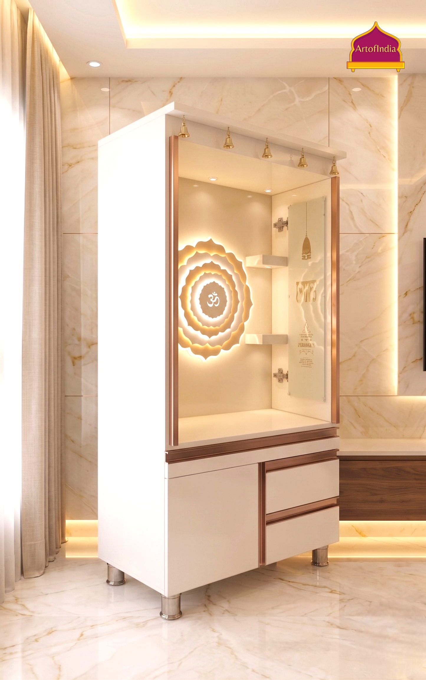 ARTOFINDIA White  Wooden Pooja Mandir  With Om Gola With P.Doors Drawers Including Tray