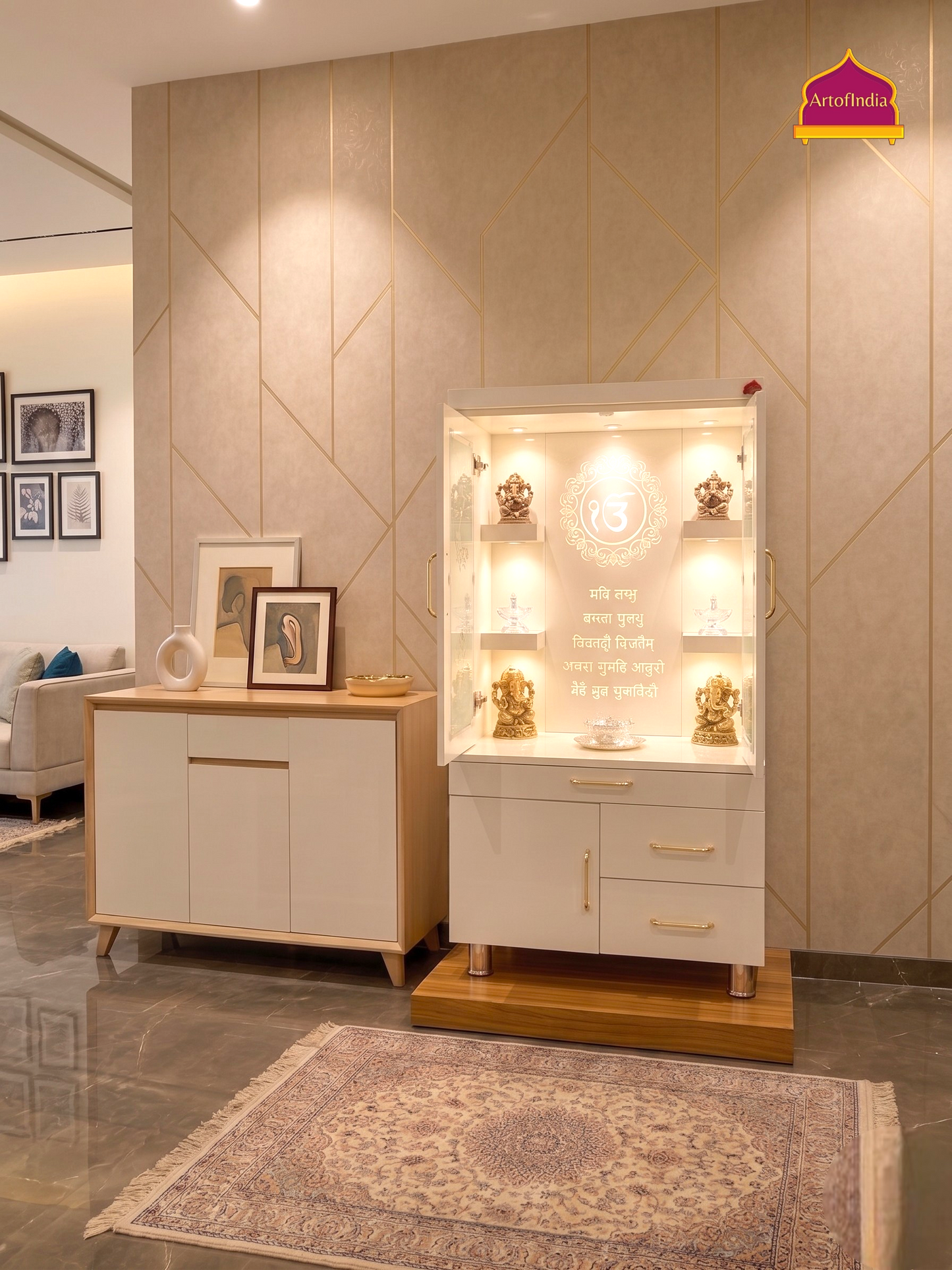ARTOFINDIA White  Wooden Pooja Mandir  With Sikh Glass  With P. Doors And Drawers Including Tray