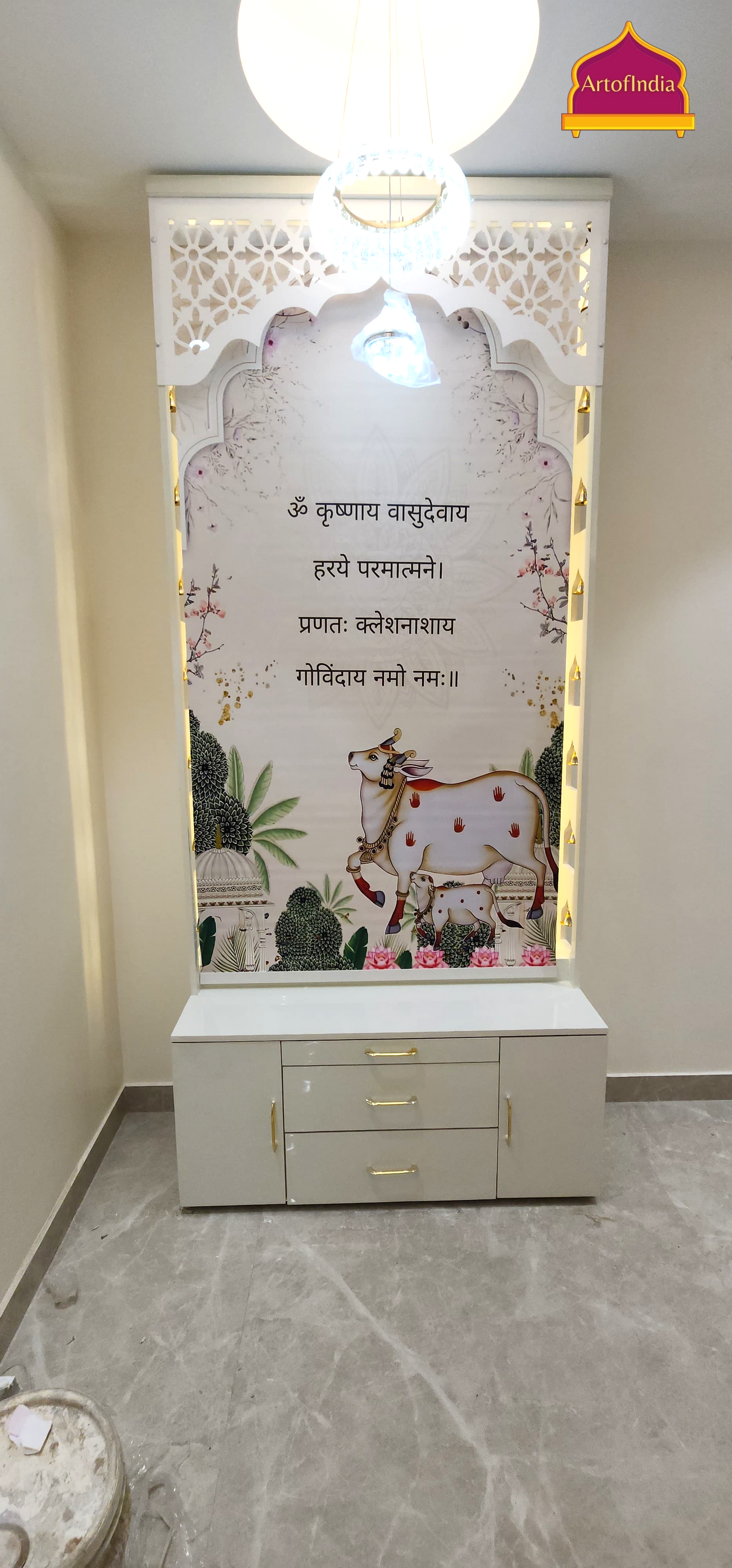 ARTOFINDIA White Wooden Pooja Mandir With Lotus Design & bells &  Mehrab   and Drawers Included Tray