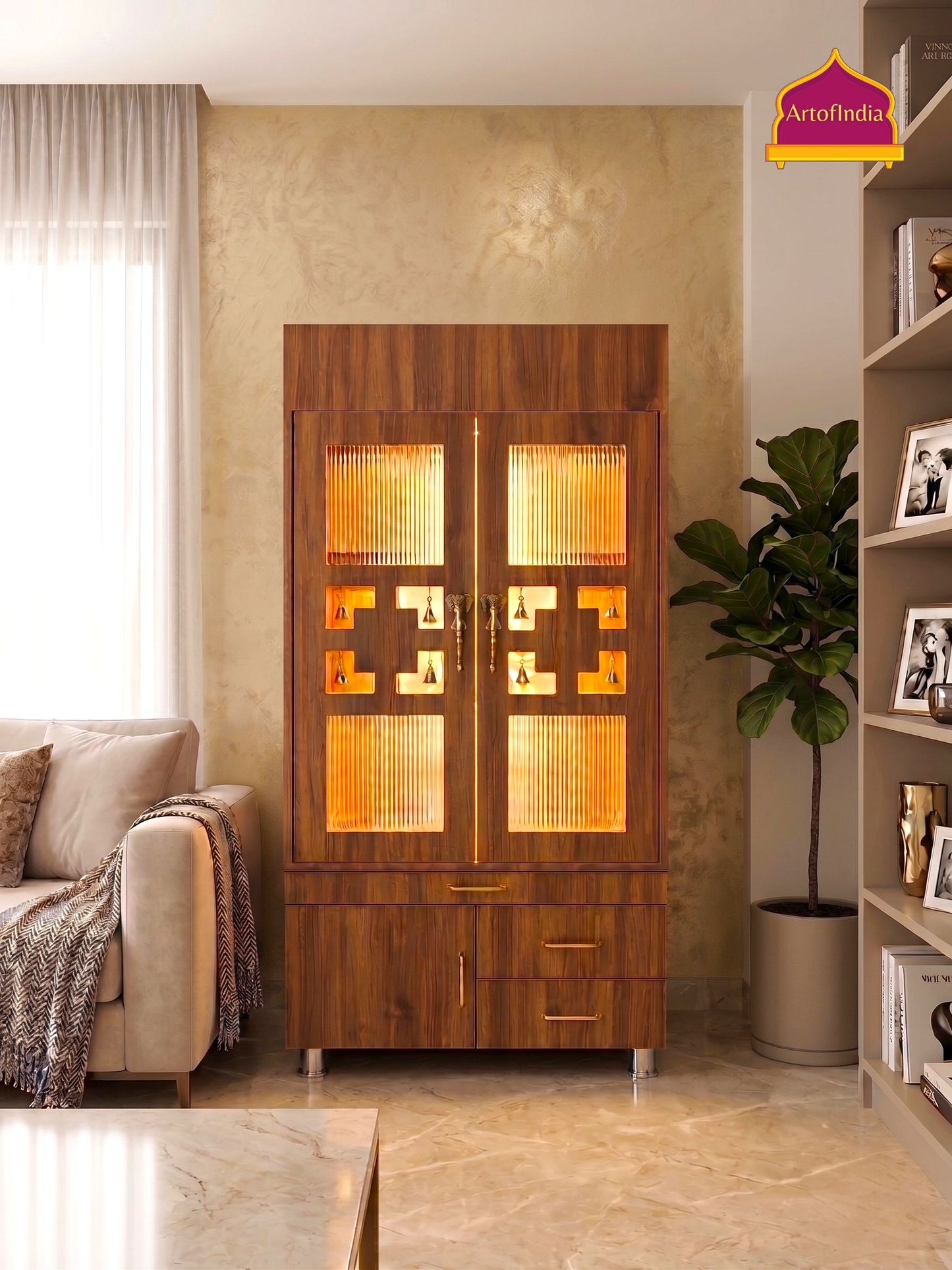 ARTOFINDIA Brown Wooden Pooja Mandir With Trishul  Glass  and  flueted  Glass Door & and Drawers Included Tray