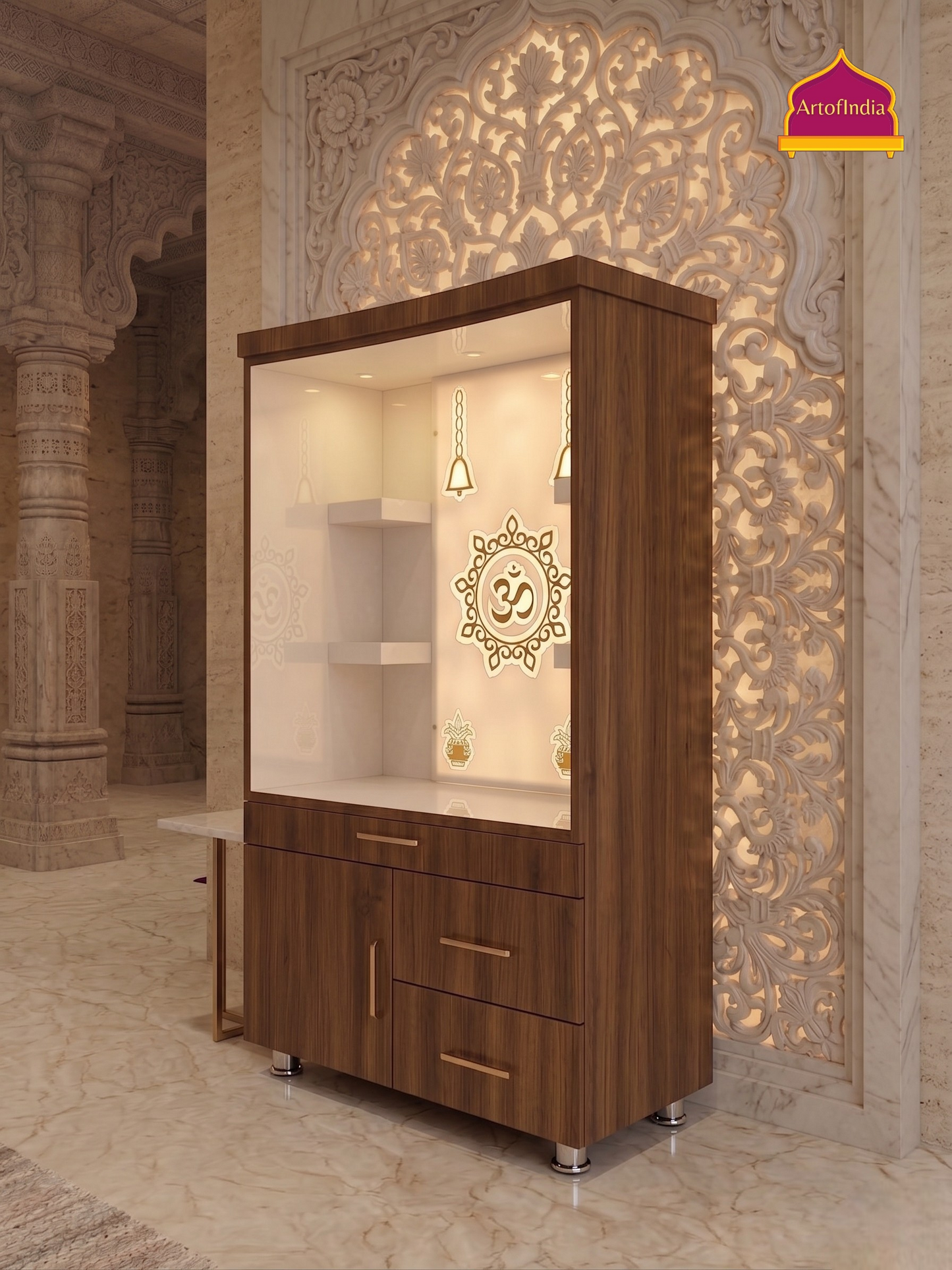 ARTOFINDIA White Brown Wooden Pooja Mandir  With Om Acralyic Design With Drawers Including Tray