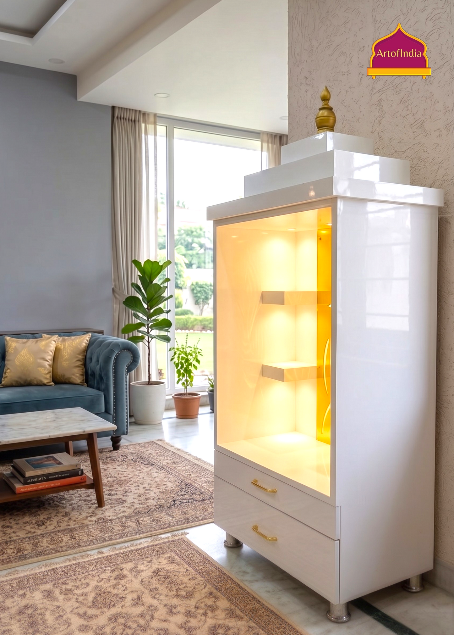 ARTOFINDIA/Elegant White Wooden Mandir With Shelfs And Mor Pankh Jali  For Home /Designer Temple