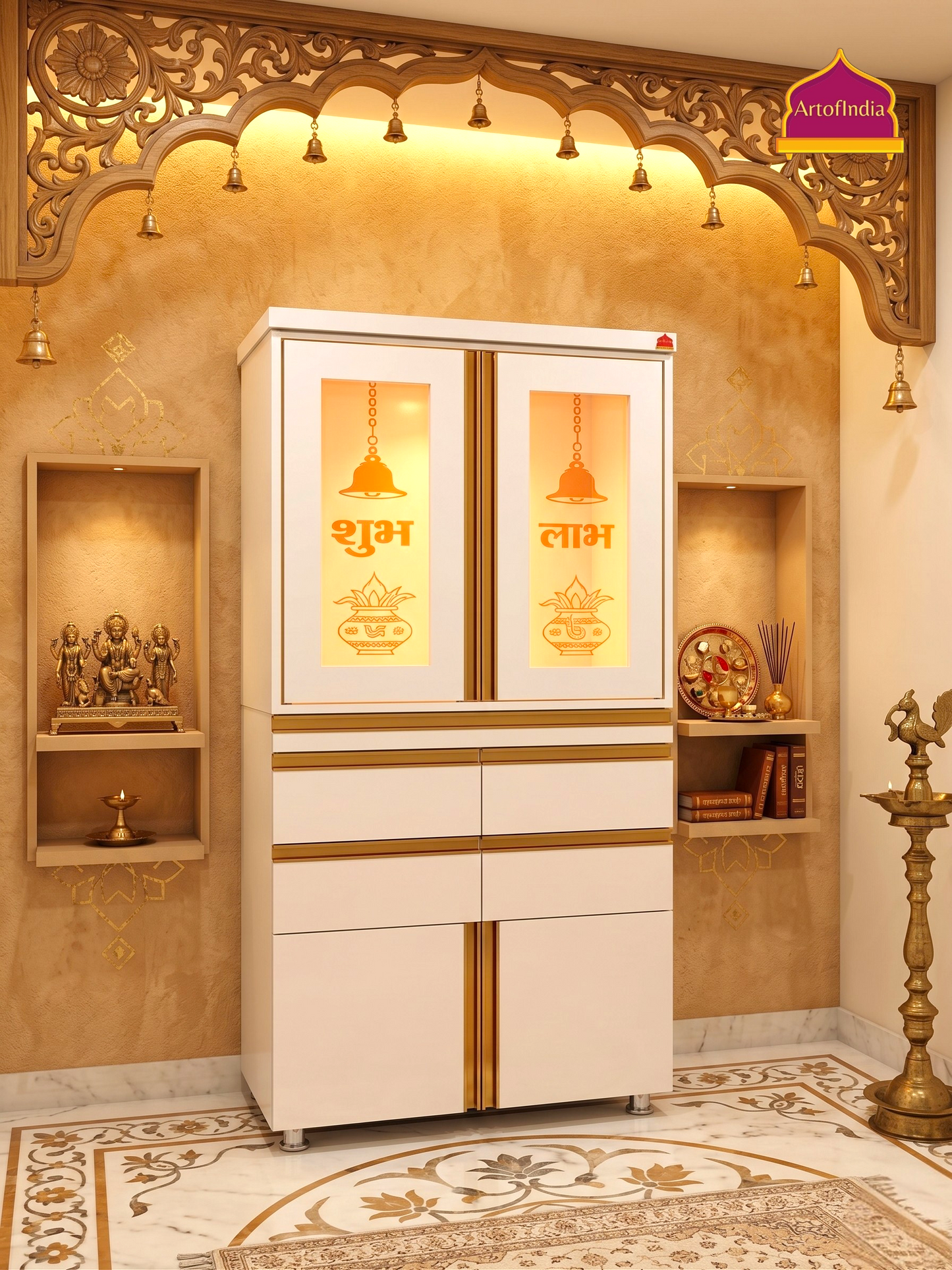 ARTOFINDIA/Elegant White Wooden Mandir With Designer Pocket Sliding Door And Om Gaytri mantra Design For Home /Designer Temple