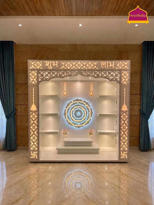 ARTOFINDIA White Wooden Pooja Mandir With Om Gola With Acrylic design With Step
