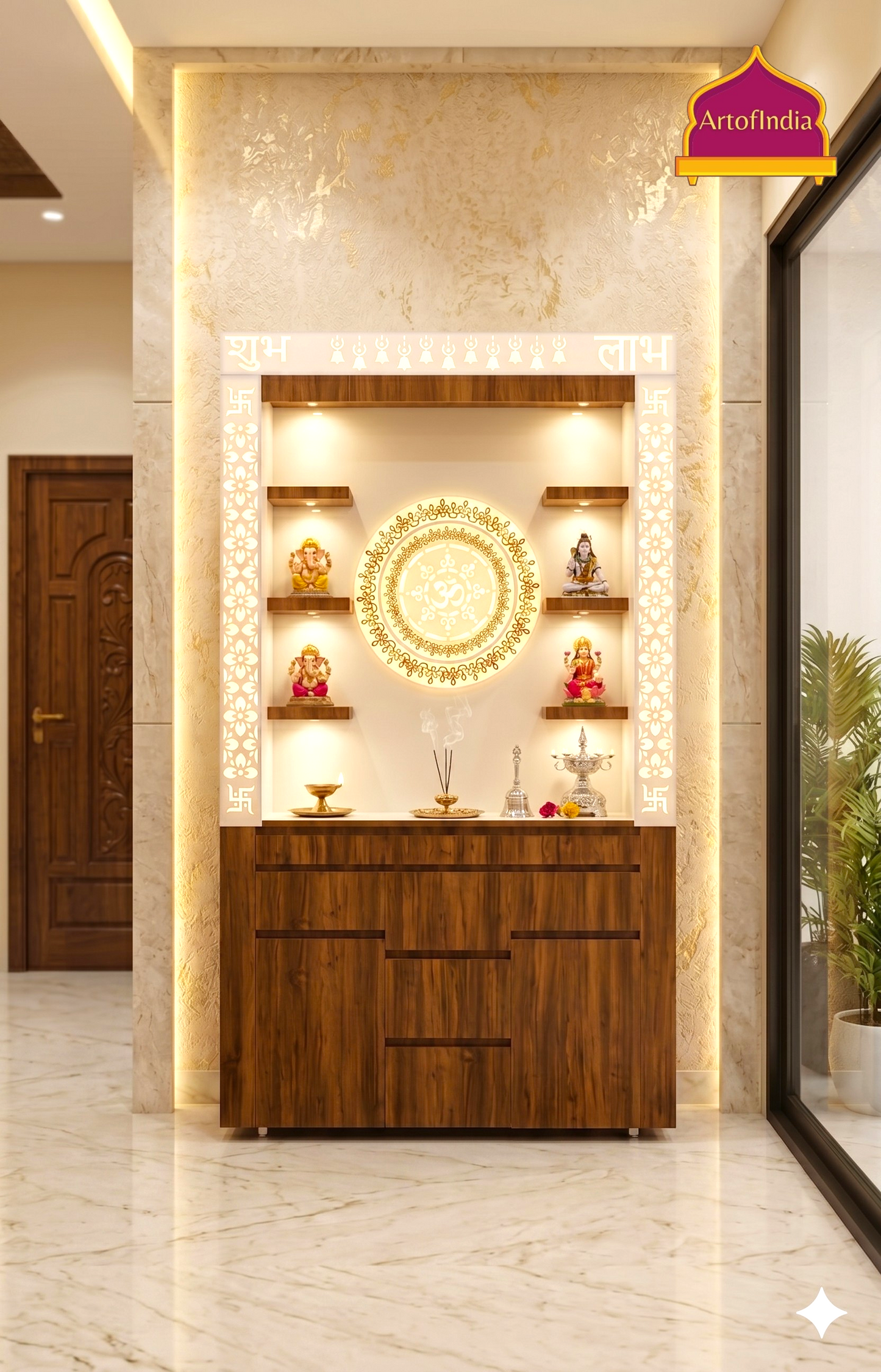 ARTOFINDIA White Brown Wooden Pooja Mandir  With Om  Acrlyic gola With Drawers Including Tray