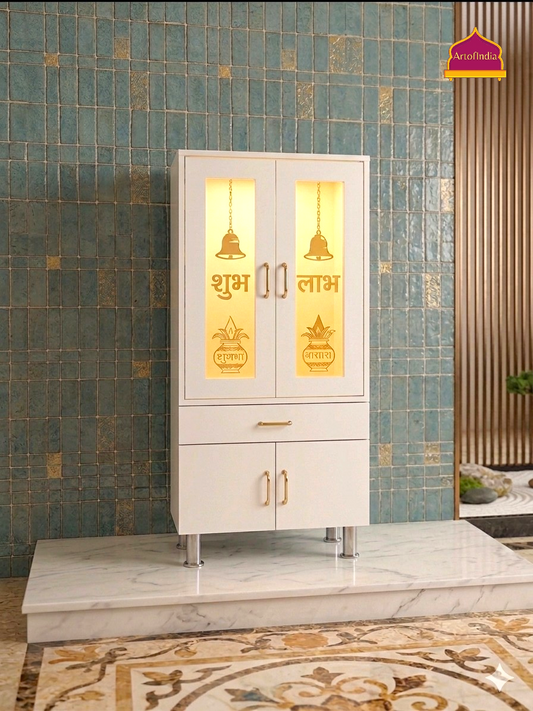 ARTOFINDIA White  Wooden Pooja Mandir  With Om Jali With Door And Drawers Including Tray