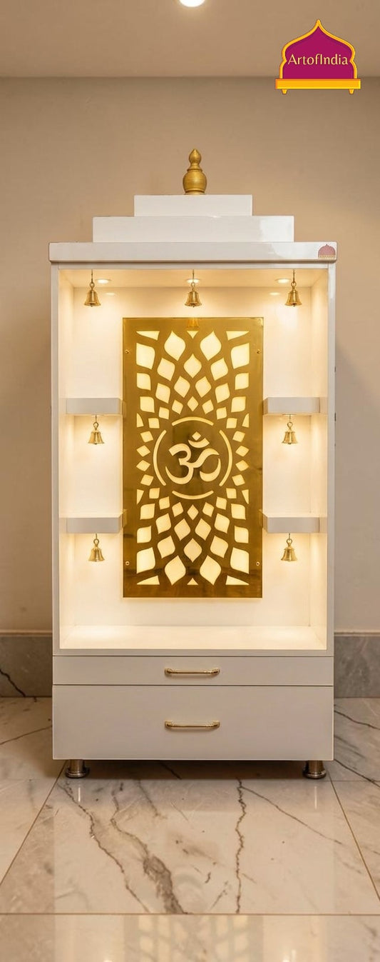 ARTOFINDIA White  Wooden Pooja Mandir  With Om Jali With Bells & Drawers Including Tray