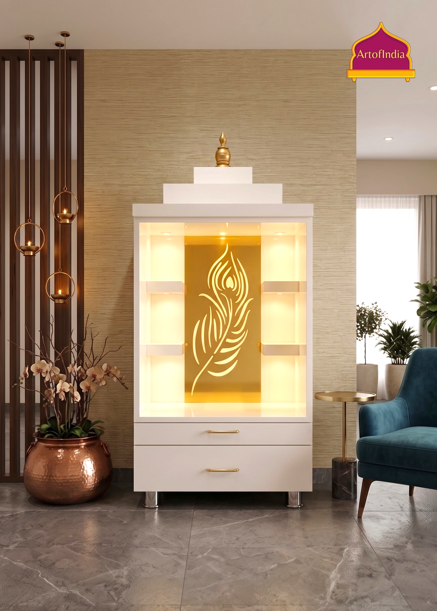 ARTOFINDIA/Elegant White Wooden Mandir With Shelfs And Mor Pankh Jali  For Home /Designer Temple