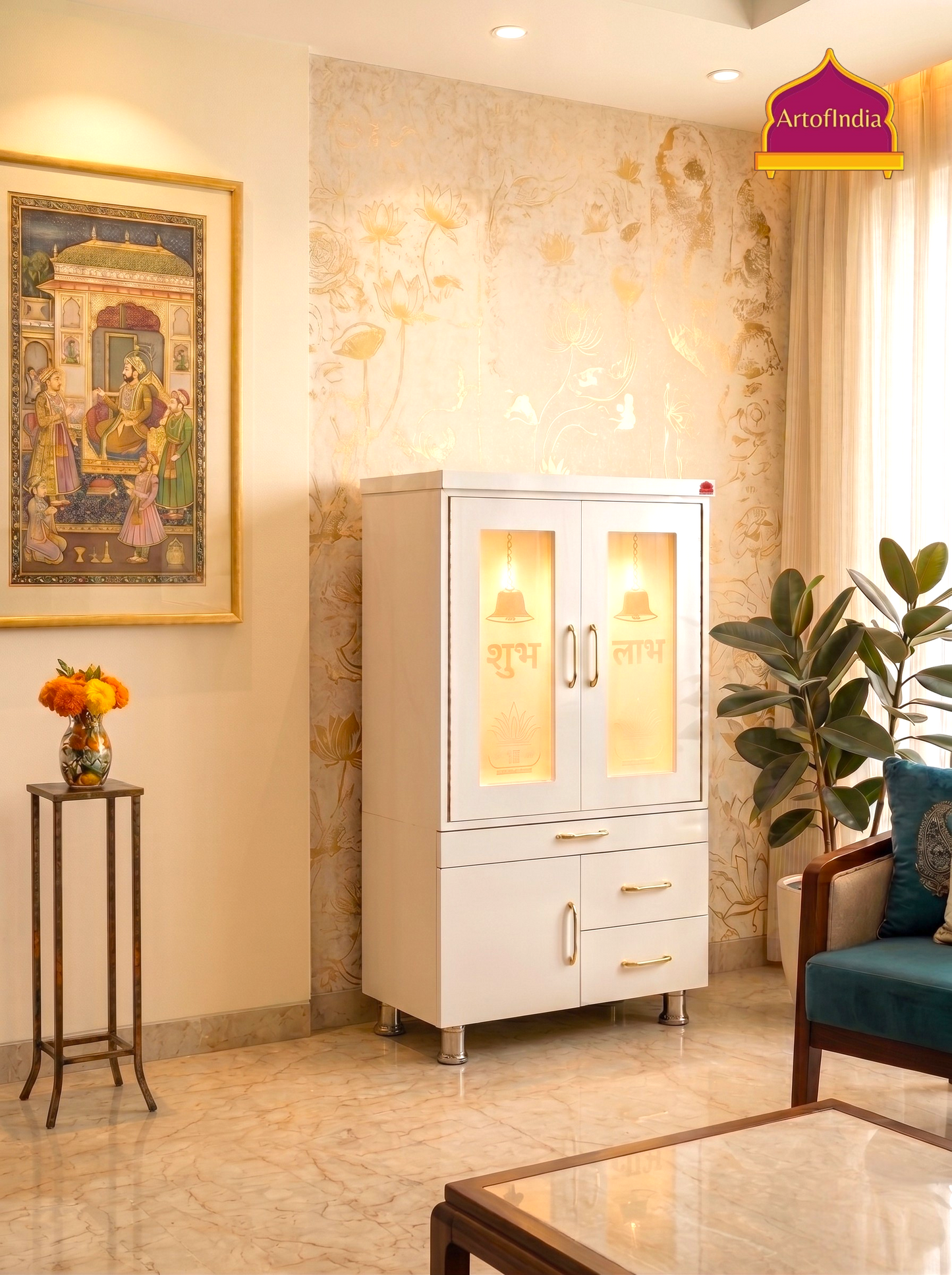 ARTOFINDIA White  Wooden Pooja Mandir  With Om Full Glass With P. Doors And Drawers Including Tray