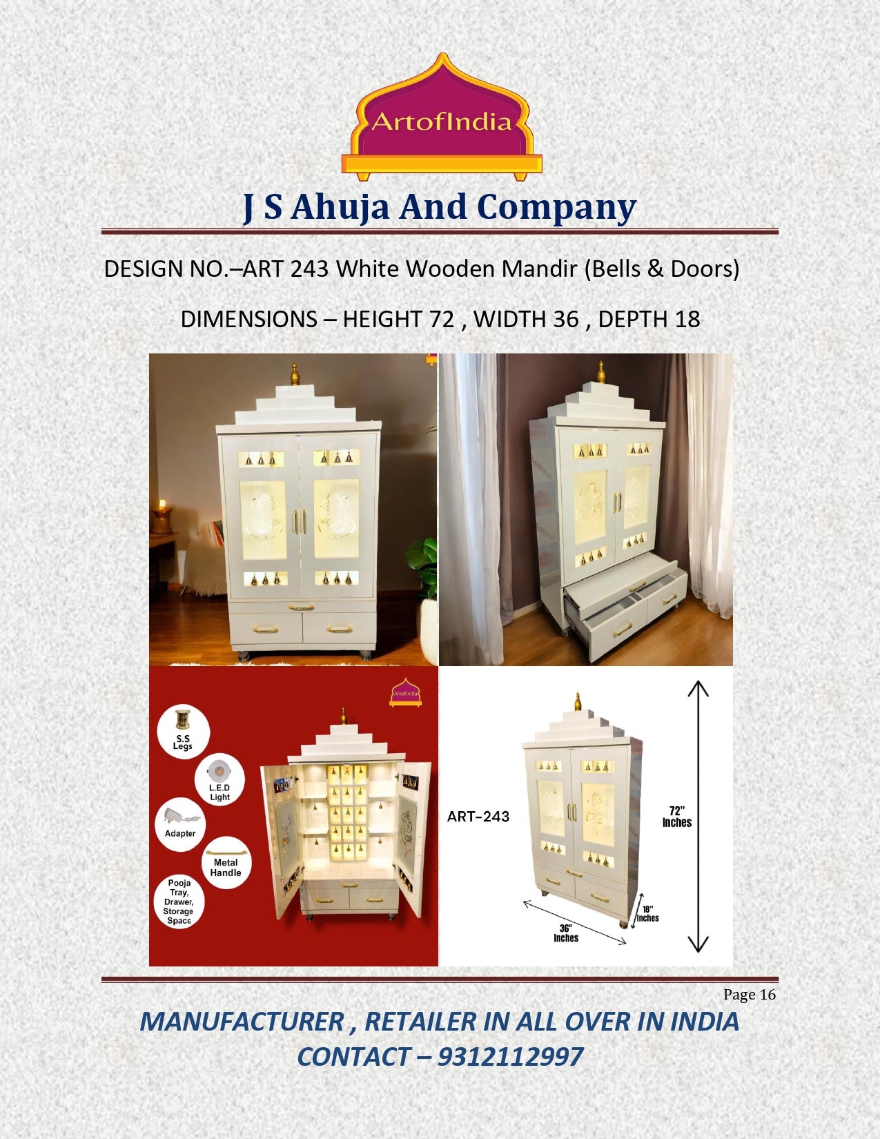 ARTOFINDIA Elegant White Wooden Mandir With Designer Glass Doors, Shelfs & Bells For Home / Designer Temple