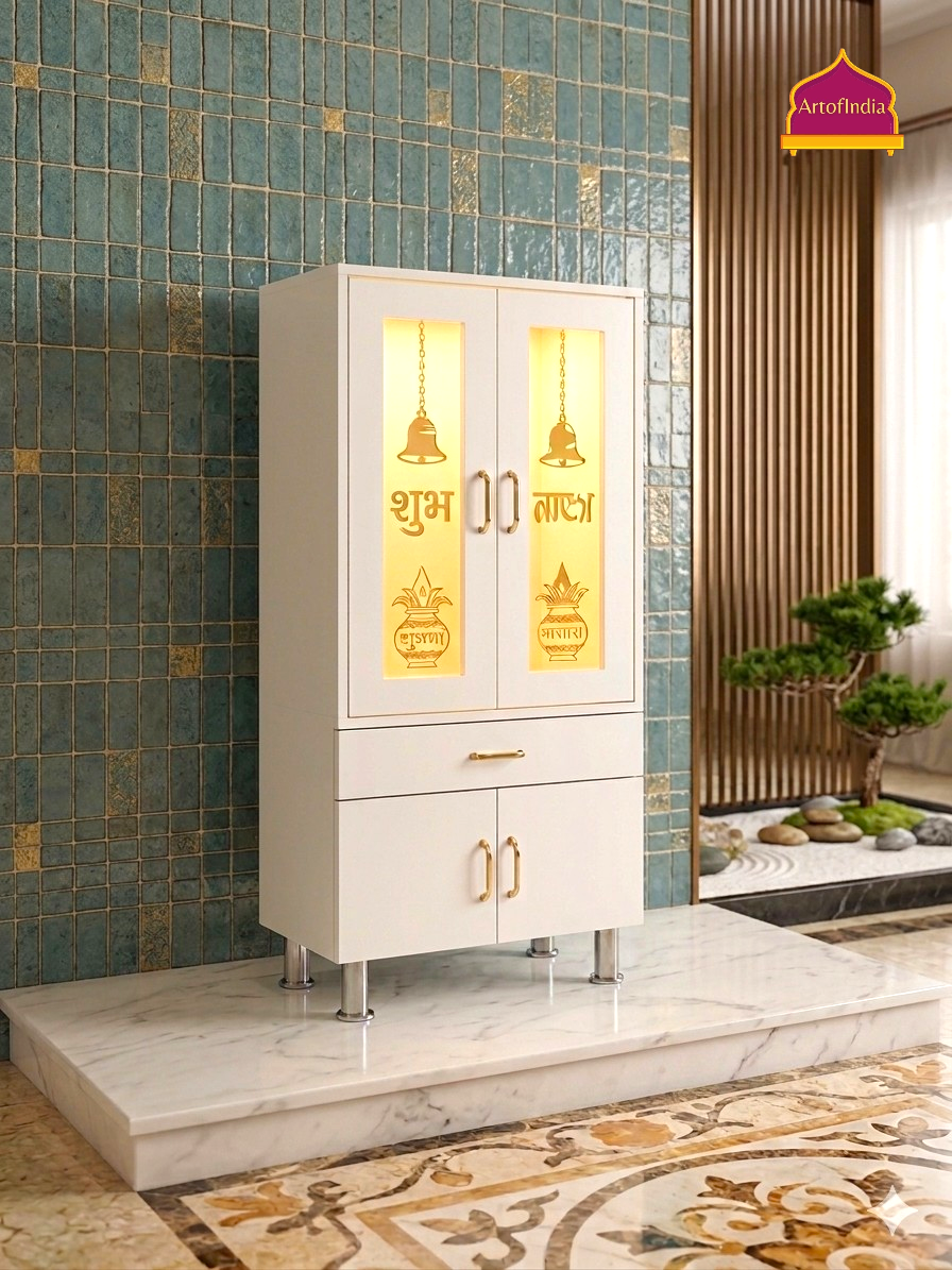 ARTOFINDIA White  Wooden Pooja Mandir  With Om Jali With Door And Drawers Including Tray