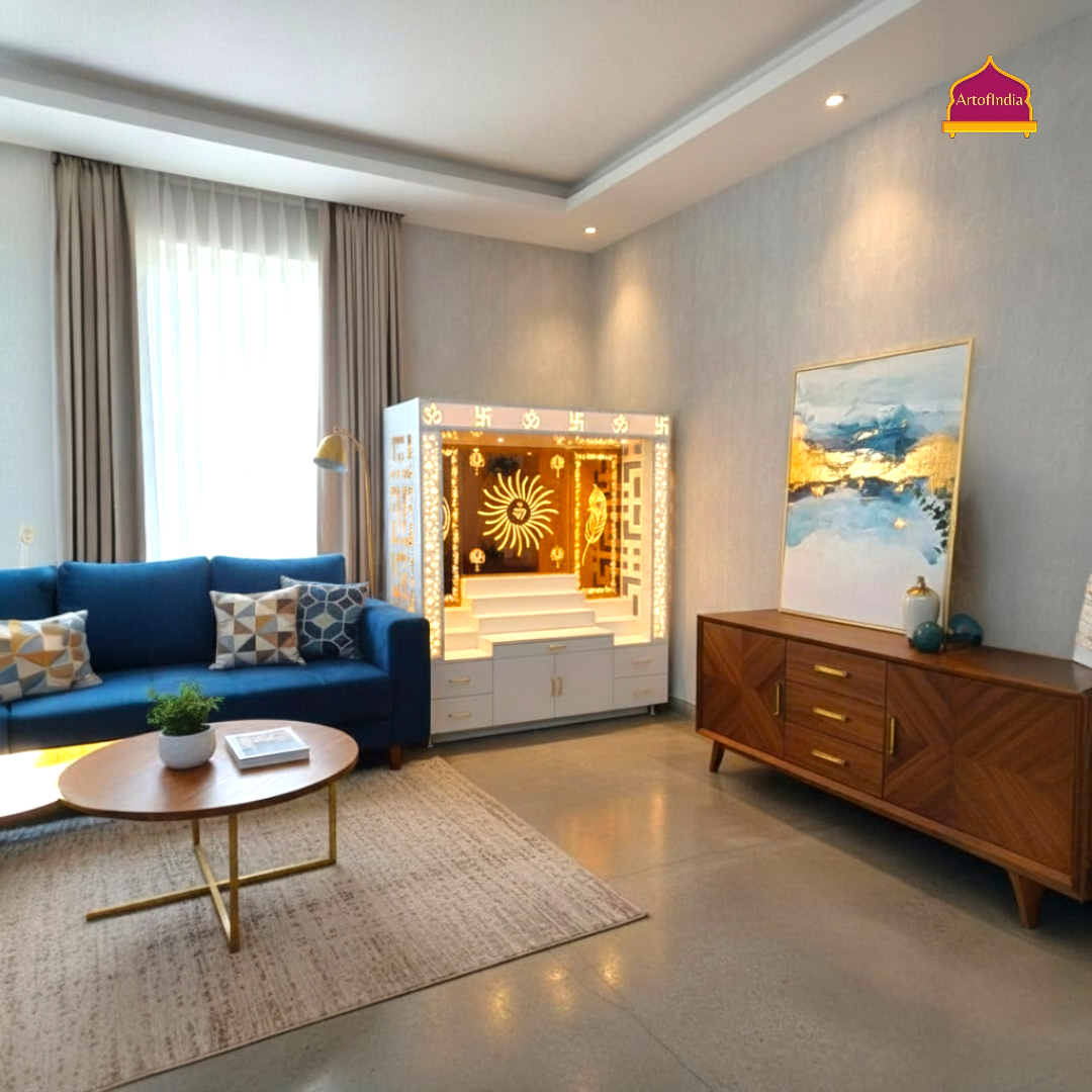 ARTOFINDIA White Wooden Pooja Mandir With Om Design Glass With  Drawers Included Tray