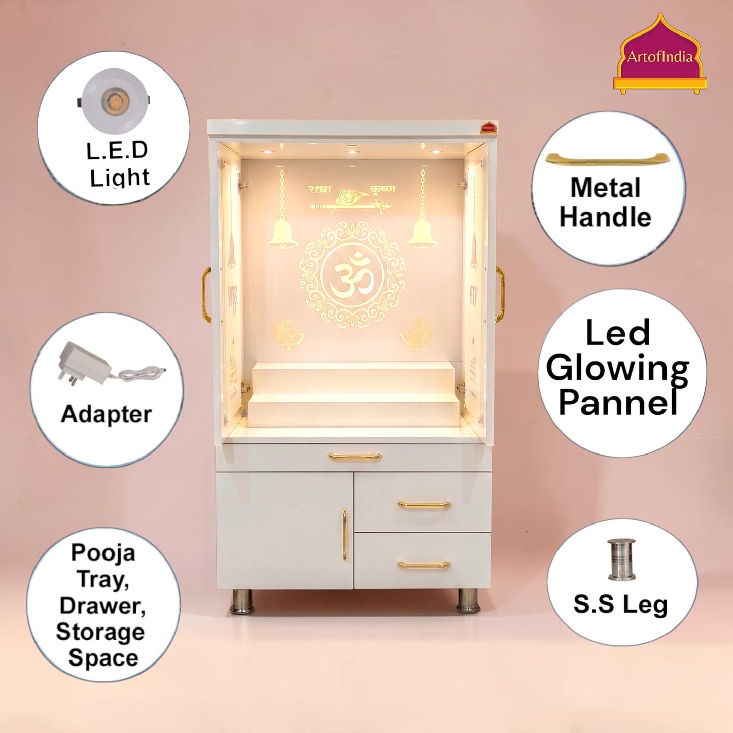 ARTOFINDIA White  Wooden Pooja Mandir  With Om Full Glass With P. Doors And Drawers Including Tray