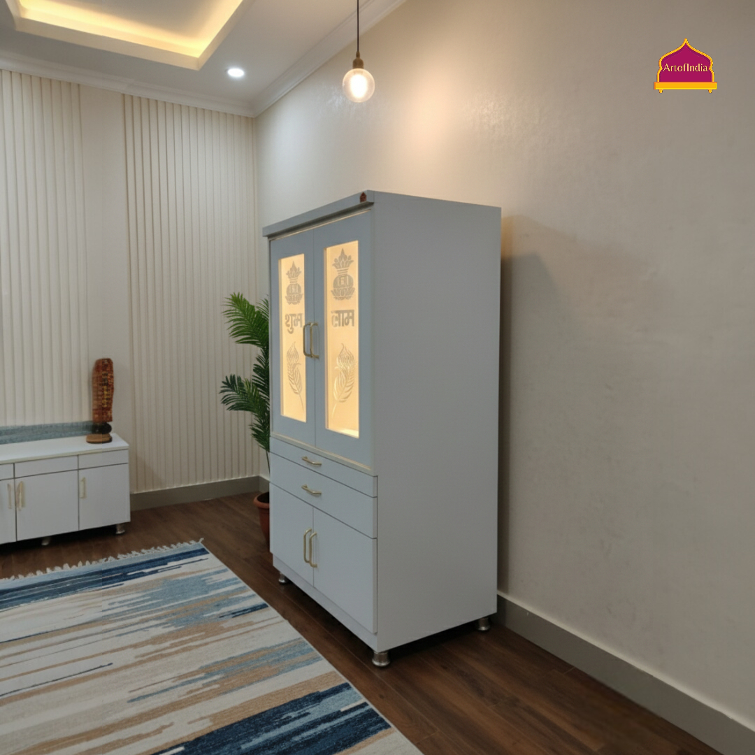 ARTOFINDIA White Wooden Pooja Mandir With Mor Pankh Glass Design And Doors  With  Drawers Included Tray