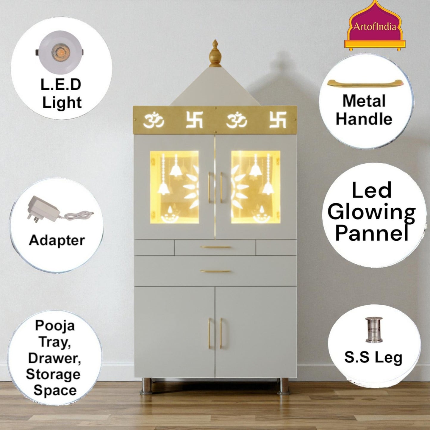 ARTOFINDIA White Wooden Pooja Mandir Normal Door Inside Cooper Glass Foldable Gumbat