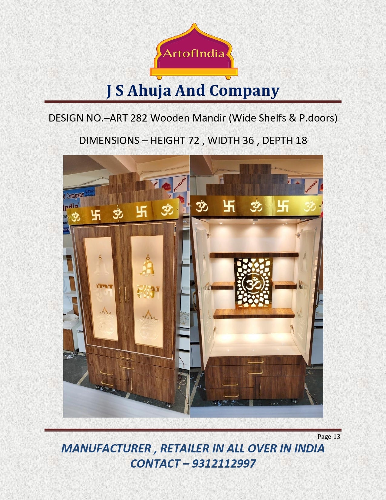 ARTOFINDIA BrownWooden Pooja Mandir  With glass door  & Gumbad  ,shelfs  and drawers & tray