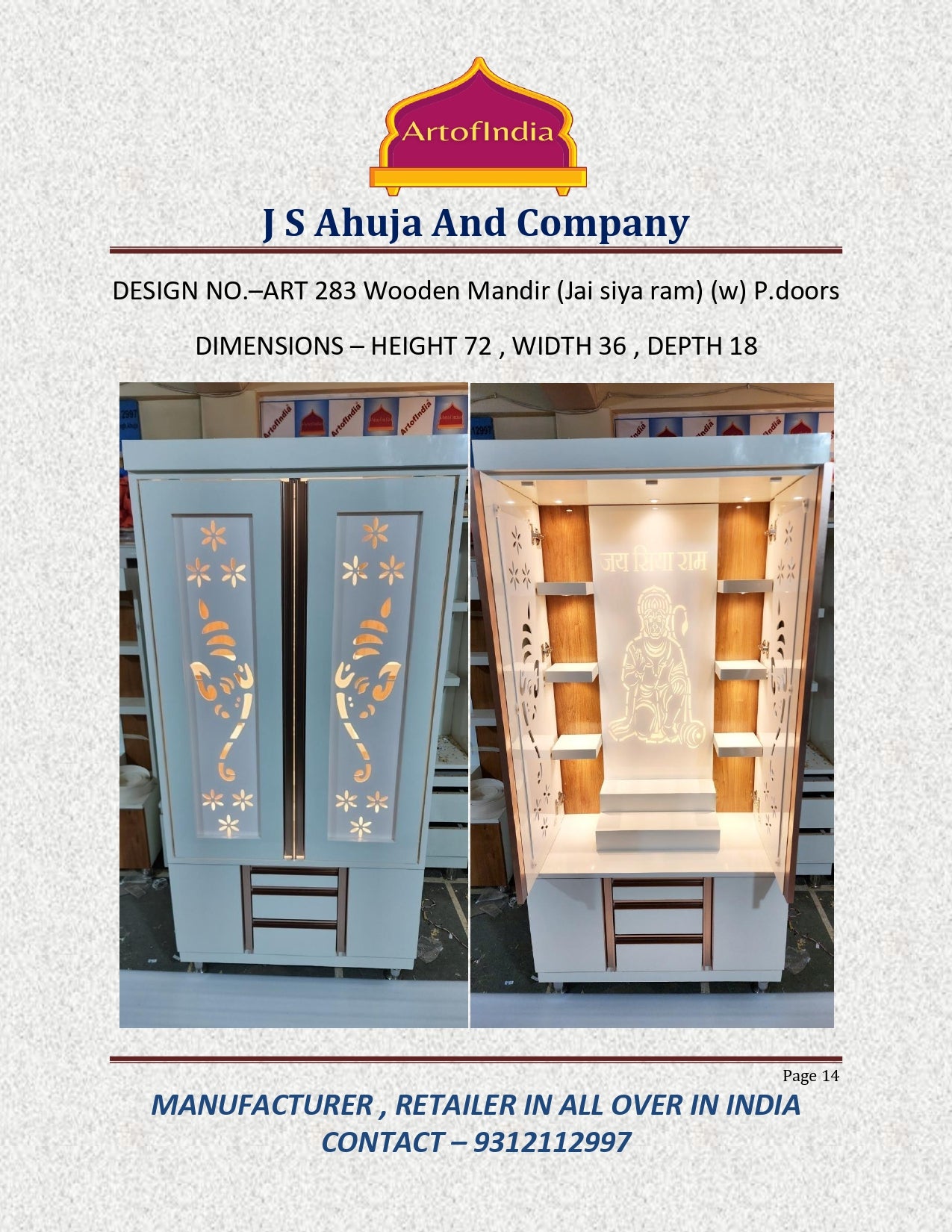 ARTOFINDIA White Wooden Pooja Mandir  With Ganesha doors ,Hanuman Design  with profile & shelfs  and drawers & tray