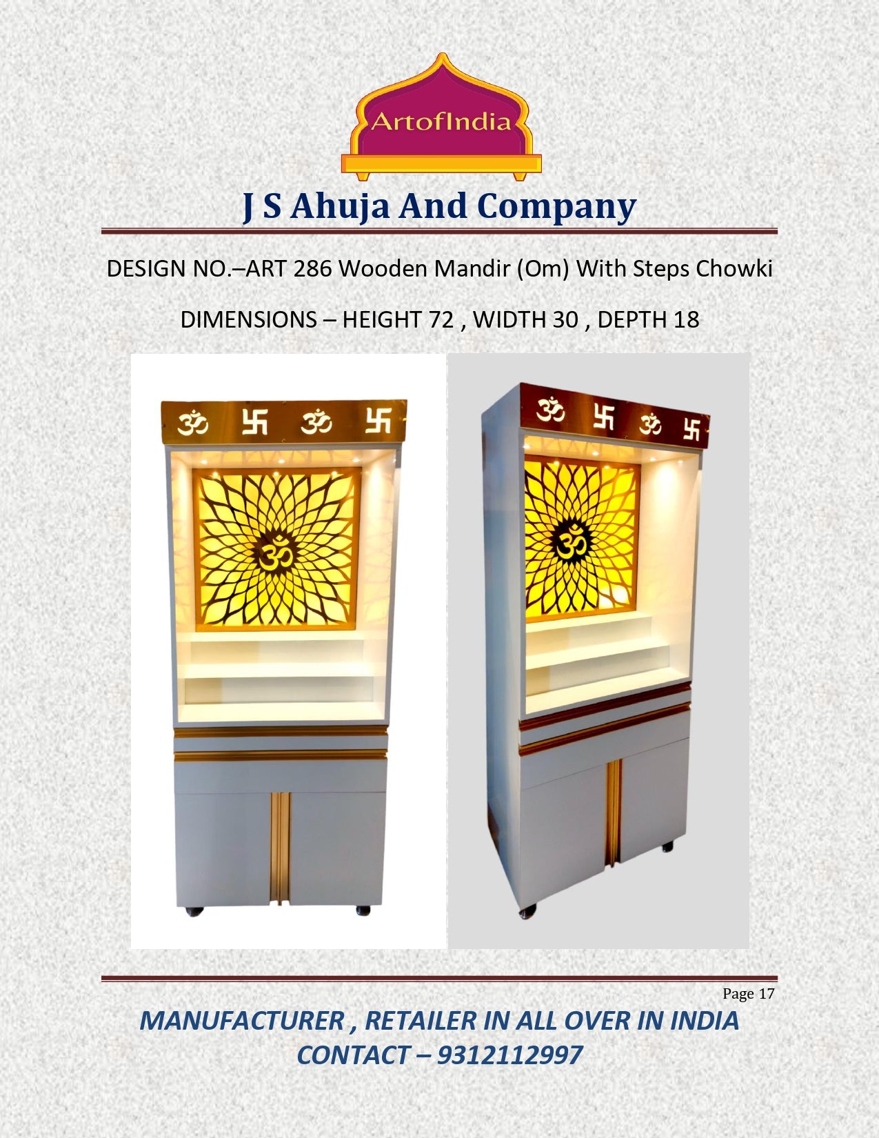 ARTOFINDIA White Wooden Pooja Mandir With Om Glass  and Drawers Included Tray