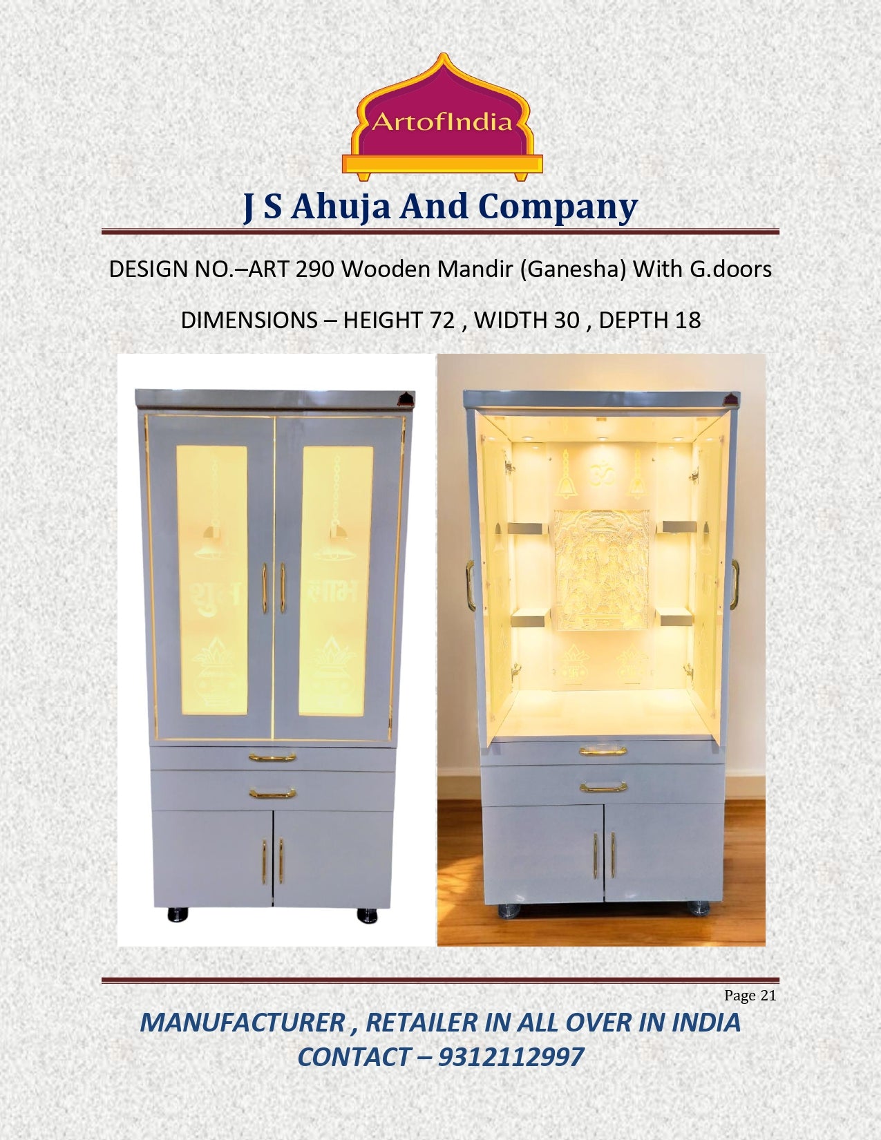 ARTOFINDIA White Wooden Pooja Mandir With  glass Door and Drawers Included Tray