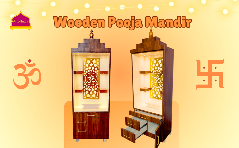 ARTOFINDIA Brown & White Wooden Pooja Mandir for Home/Temple for Home and Office/Pooja Mandir with Om LED Warm White Light & 4 shelfs