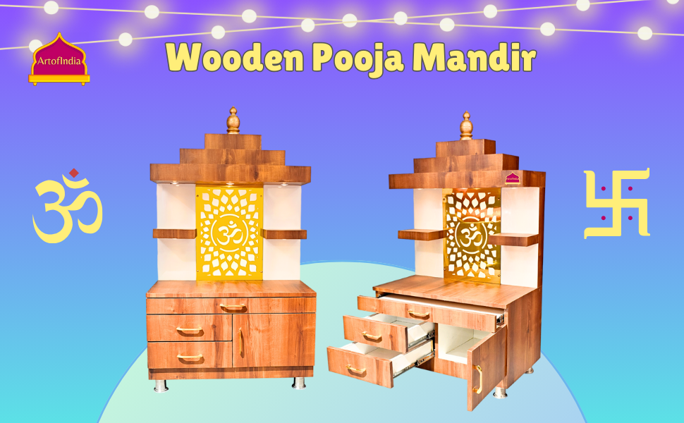 ARTOFINDIA Designer Wooden Temple, Wooden Mandir for Home, Floor Mounted Mandir with Lights