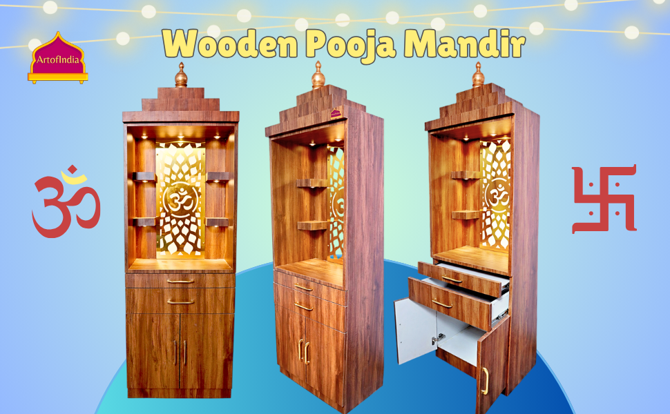 ARTOFINDIA Brown Wooden Pooja Mandir for Home/Temple for Office/Pooja Mandir with Om Golden Jali LED Warm White Light & 4 shelfs