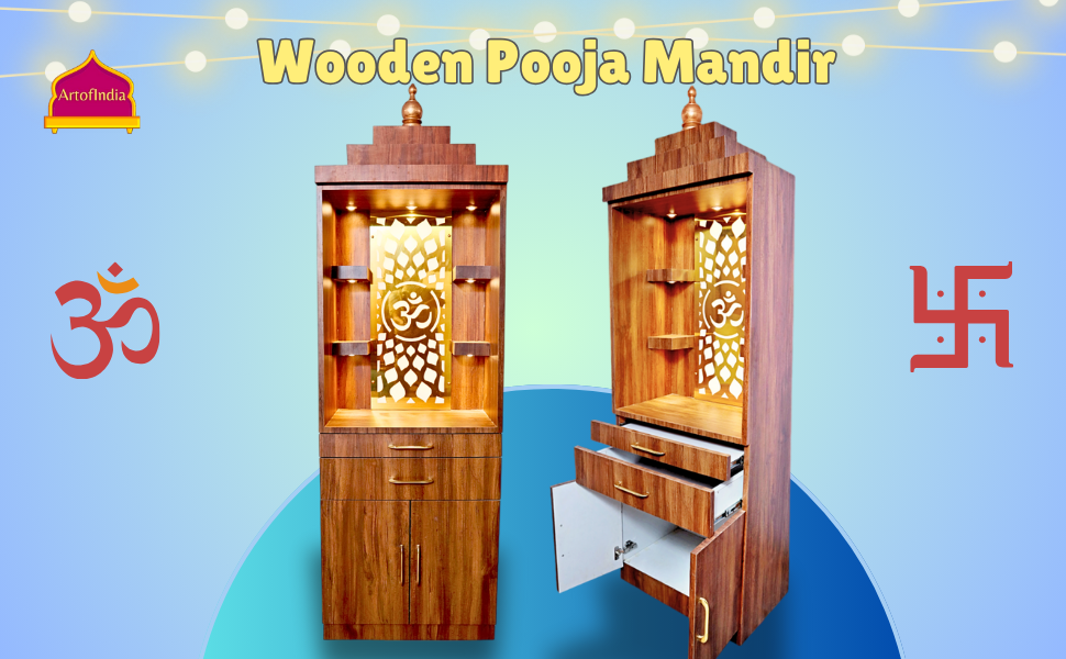 ARTOFINDIA Brown Wooden Pooja Mandir for Home/Temple for Office/Pooja Mandir with Om Golden Jali LED Warm White Light & 4 shelfs