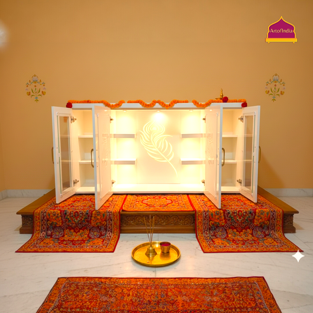 ARTOFINDIA White Wooden Pooja Mandir With Mor Pankh  Design Glass  and Drawers Included Tray
