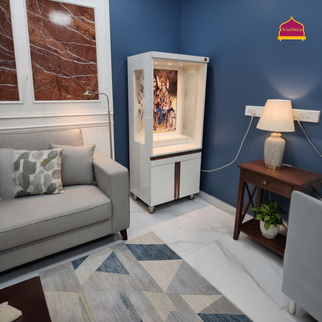 ARTOFINDIA White Wooden Corian Pooja Mandir With Shiv Pariver Design And Doors With  Drawers Included Tray