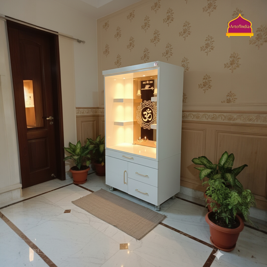 ARTOFINDIA White Wooden Pooja Mandir With Om Design Glass  and Drawers Included Tray