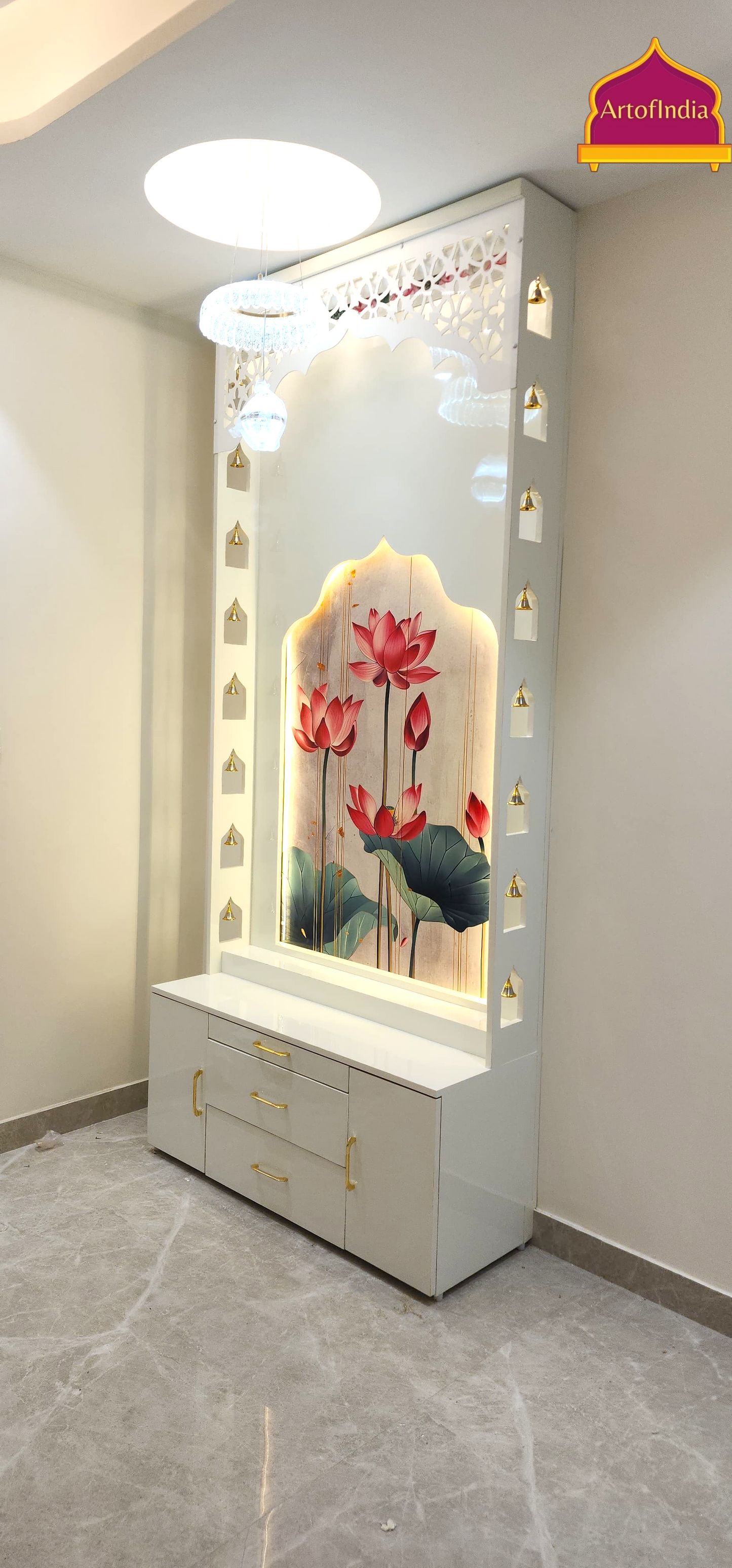 ARTOFINDIA White Wooden Pooja Mandir With Lotus Design & bells &  Mehrab   and Drawers Included Tray