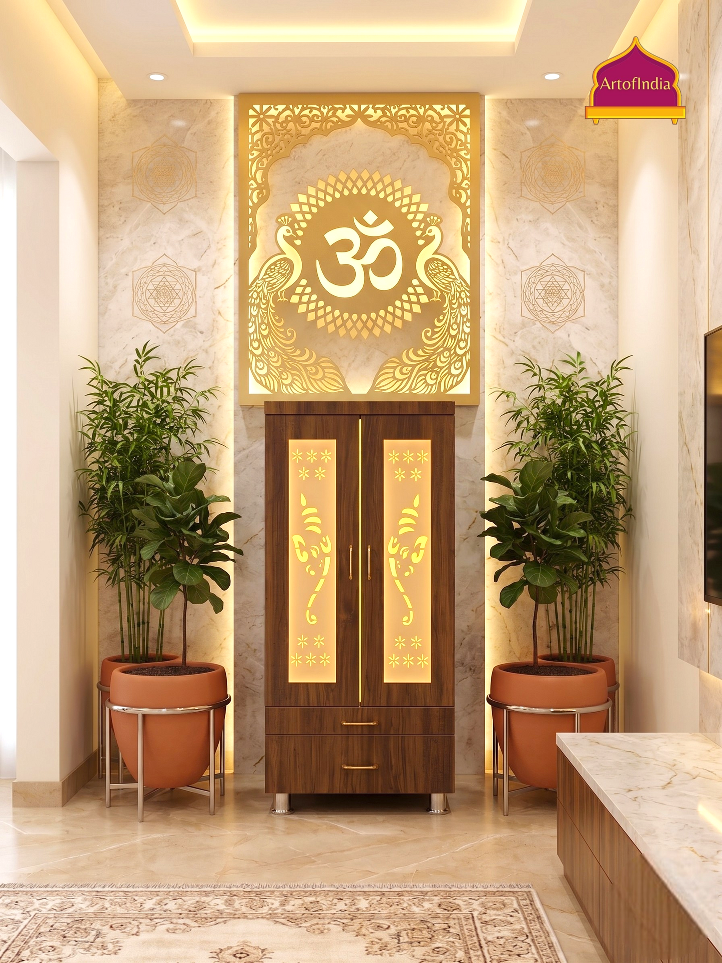 ARTOFINDIA White Brown Wooden Pooja Mandir  With Om Jali With Door  Drawers Including Tray
