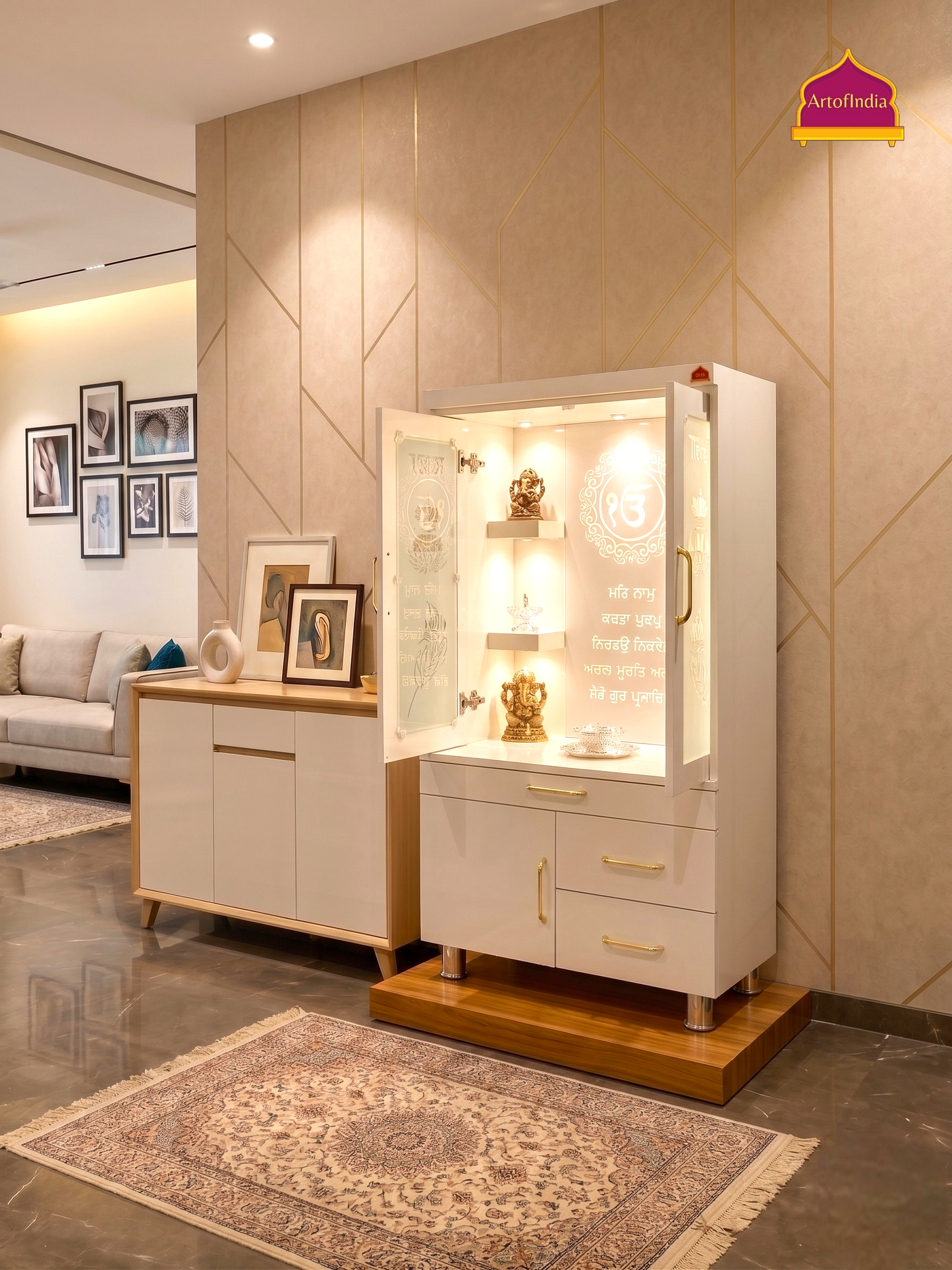 ARTOFINDIA White  Wooden Pooja Mandir  With Sikh Glass  With P. Doors And Drawers Including Tray