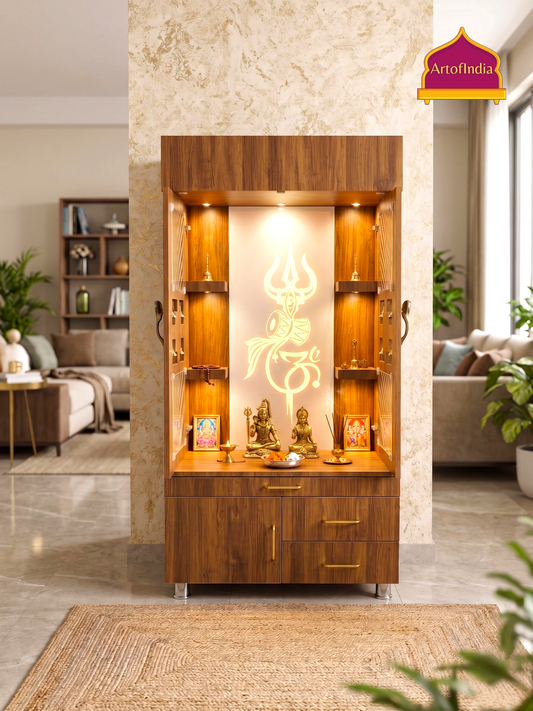 ARTOFINDIA Brown Wooden Pooja Mandir With Trishul  Glass  and  flueted  Glass Door & and Drawers Included Tray