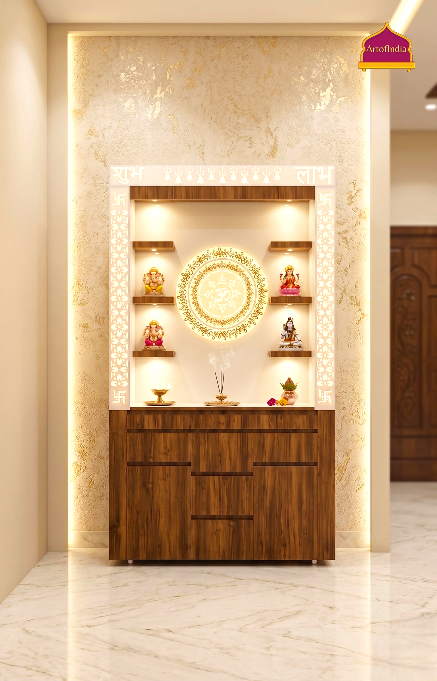 ARTOFINDIA White Brown Wooden Pooja Mandir  With Om  Acrlyic gola With Drawers Including Tray