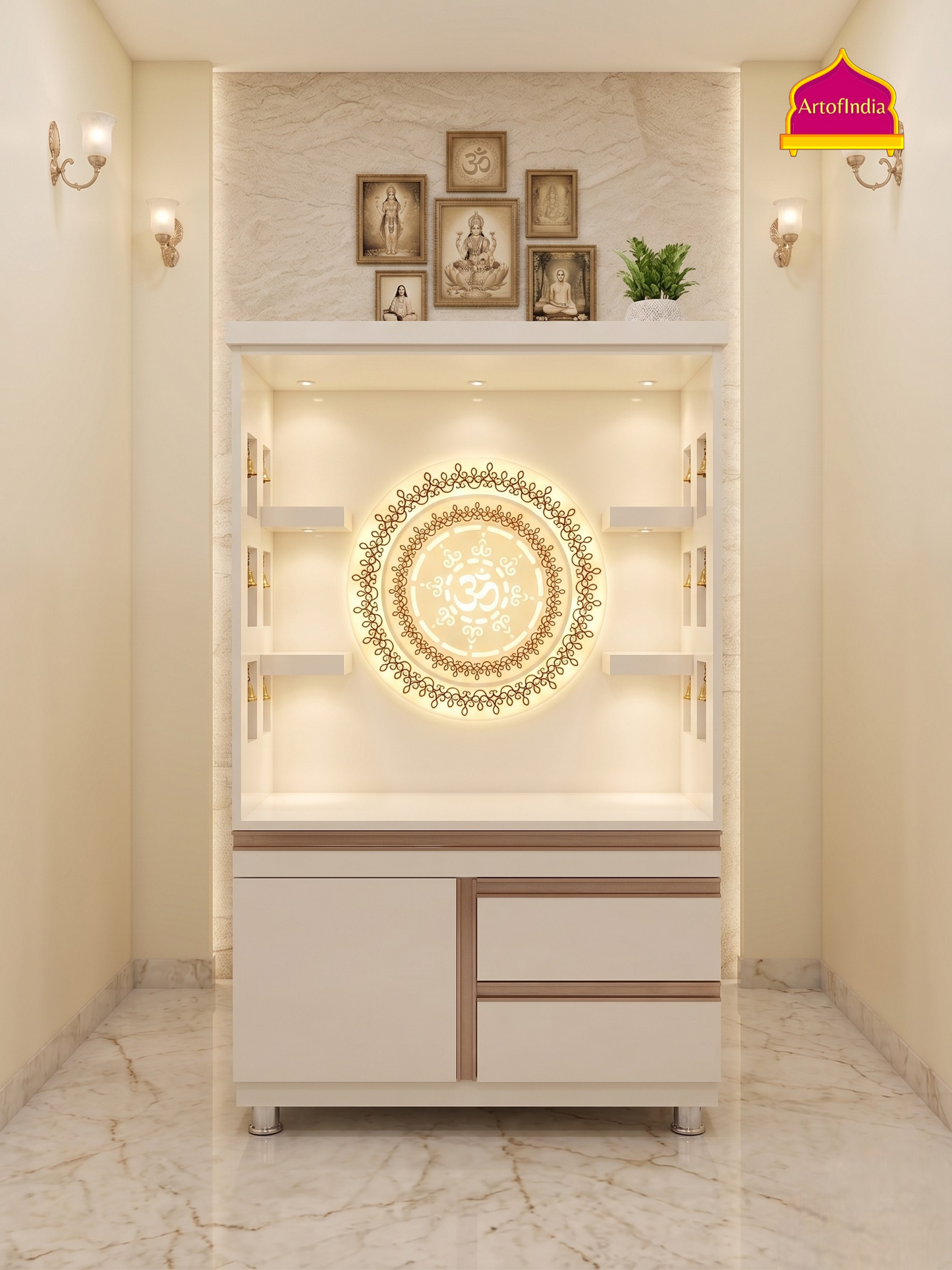 ARTOFINDIA White  Wooden Pooja Mandir  With Om Acrlyic Gola With Drawers Including Tray