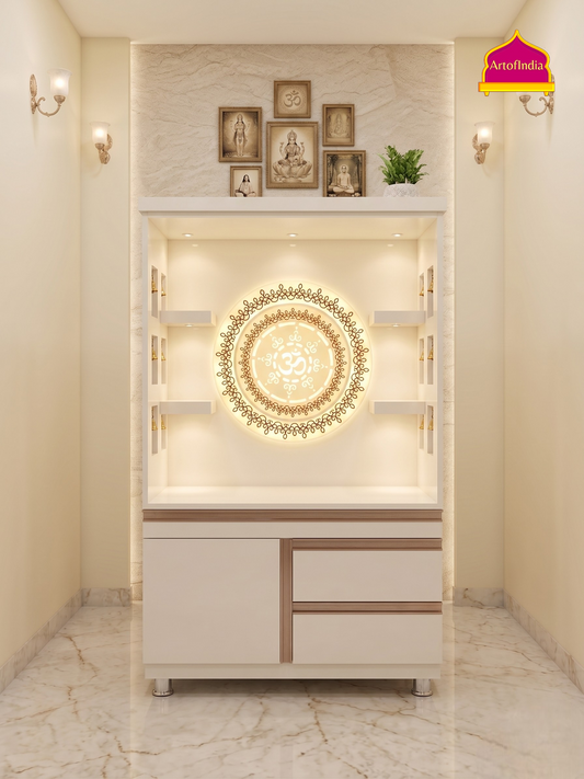 ARTOFINDIA White  Wooden Pooja Mandir  With Om Acrlyic Gola With Drawers Including Tray