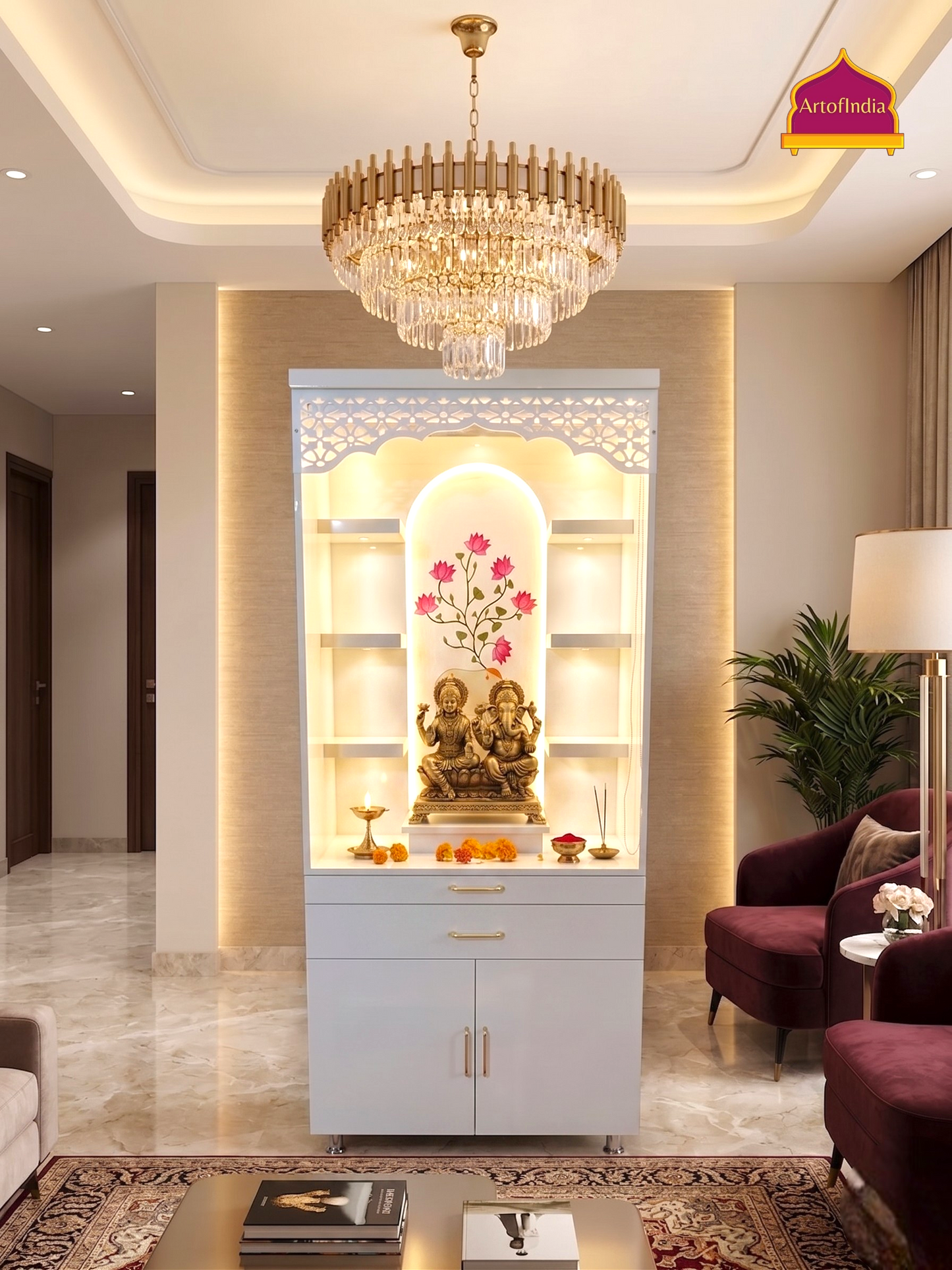 ARTOFINDIA Beautiful White Designer Wooden Mandir With  Lotus Design For Home/ Designer Temple