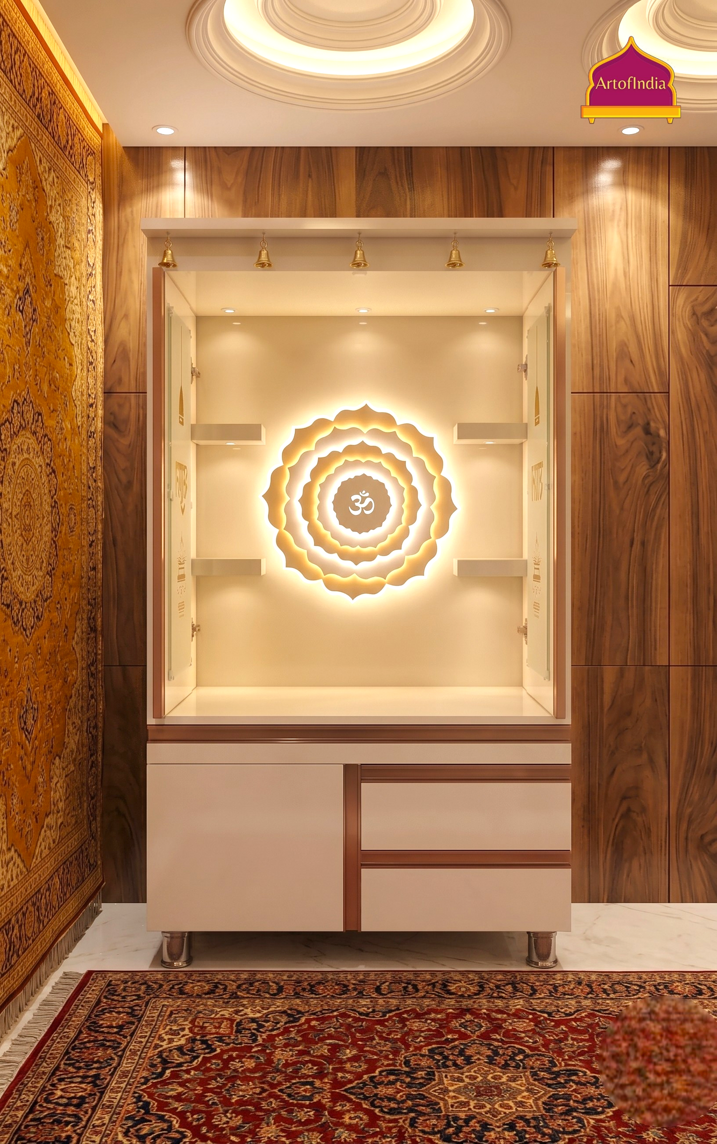 ARTOFINDIA White  Wooden Pooja Mandir  With Om Gola With P.Doors Drawers Including Tray