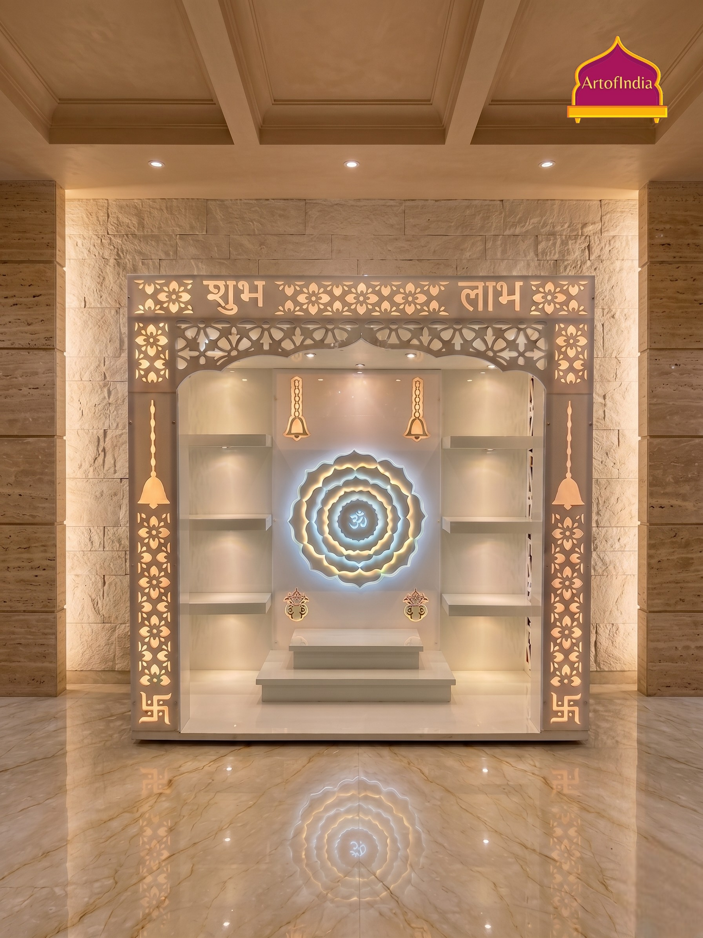 ARTOFINDIA White Wooden Pooja Mandir With Om Gola With Acrylic design With Step